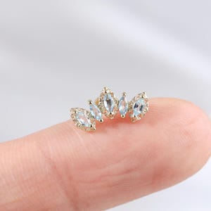 14K Solid Gold Swiss Blue Topaz Climber Earring, Lotus Conch Helix Flat Back Stud, Cartilage Tragus Earlobe Labret Threadless Pin Piercing