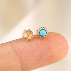 14K Solid Gold Golden Hair Quartz Gemstone Earring, Turquoise Stud, Gemstone Helix Stud, Conch Piercing, Flat Back Earring, Tragus Jewelry