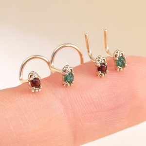 14K Solid Gold Moss Agate S Shape Nose Stud, Real Gold Red Garnet L Shaped Nose Ring, Floral Gemstone Screw Pin Nose Piercing Jewelry