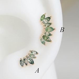 14K Solid Gold Fan Shape Moss Agate Stud, Threadless Push Pin Piercing, Natural Gemstone Flat Back Earring, Floral Jewelry By LeiTjewelry