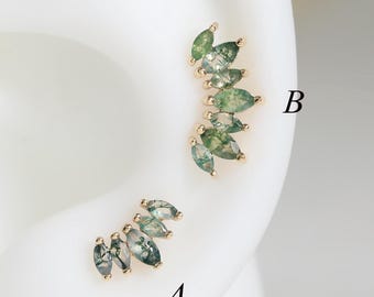 14K Solid Gold Fan Form Moosachat Bolzen, Threadless Push Pin Piercing, Natürlicher Edelstein Ohrring mit flacher Rückseite, Floral Schmuck Von LeiTjewelry