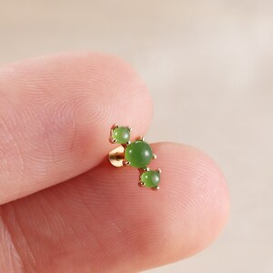 14K Solid Gold Natural Jade Ear Climbers, Jasper Cartilage Cluster Flat Back Piercing, Gemstone Helix Conch Threadless Stud Earring