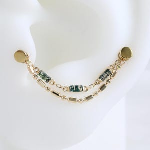 Cadena para aretes de ágata musgosa en oro macizo de 14 quilates, piercing industrial de caracola con cadena larga, conector doble de oro para cartílago de la nariz y hélice.