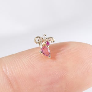 14K Solid Gold Pink Tourmaline with Ruby Vine Earring, Moissanite Helix Conch Flat Back Stud, Diamond Cartilage Helix Tragus Upper Lobe Stud