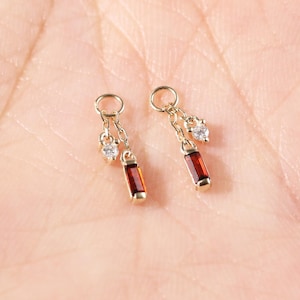 14K Solid Gold Garnet with Moissanite Dangle Charm, Diamond Rook Huggie Hoop Barbell Charm, Lobe Helix Cartilage Belly Ring Piercing Charm