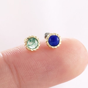 14K Solid Gold Moosachat Lapislazuli Threadless Push Pin Labret Bolzen Ohrring Knorpel Helix Tragus Natürliche Blaue Stein Ohrring