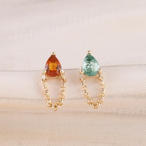 14K Solid Gold Moss Agate Chained Dangle Earring,Citrine Cartilage Earring,Helix Chain Stud,Conch Tragus Earring,Dainty Flat Back Earring