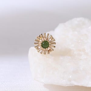 14K Solid Gold Green Jade Flower Push Back Stud, Jasper Floral Helix Cartilage Flat Back Earring, Gemstone Conch Threadless Pin Piercing