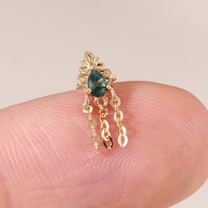 14K Solid Gold Pear Moss Agate Dangle Chain Stud, Gemstone Drop Cable Chain Cartilage Helix Earring, Conch Threadless Flat Back Piercing