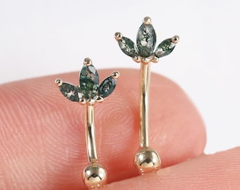 14K Solid Gold Moss Agate Rook Earring, Marquise Flower Eyebrow Curved Barbell, Lotus Eyebrow Piercings, Belly Button Ring by LeiTjewelry