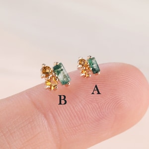 14K Solid Gold Moss Agate Conch Earring, Citrine Cartilage Piercing, Baguette Gold Helix Stud, Push PinFlat Back Earring Gift For Her