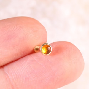 14k Solid Gold Amber Threadless Push Pin Stud Earring, Dainty Round Amber Cartilage Helix Stud ,Conch Stud Earring ,Flat Back Earring