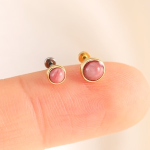 14k Solid Gold Rhodochrosite Threadless Push Pin Stud Earring Dainty Round Cartilage Helix Conch Earring Tiny Rhodochrosite Stud Earring