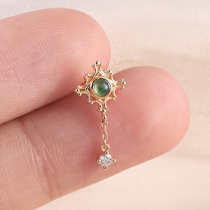 14K Solid Gold Moss Agate with Moissanite Dangle Chain Stud Earring Cartilage Earring, Threadless Flat Back Earring Helix Stud Conch Earring