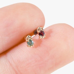 14K Solid Gold Moss Agate Piercing, Gold Garnet Dainty Earring, Gemstone Dainty Helix Conch Tragus Daith Earlobe Flat Back, Threadless Pin