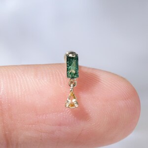 14K Solid Gold Moss Agate with Dangle Citrine Earring, Gold Dainty Moss Agate Stud, Helix Cartilage Earlobe Tragus Piercing, Threadless Pin