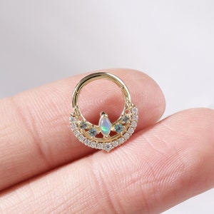 14K Solid Gold Opal with London Blue Topaz Hoop Earring, Cartilage Moissanite Hoop Piercing, Huggie Septum Clicker Earring Gift for her
