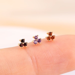 14K Solid Gold Triple Round Amethyst Garnet Citrine Stone Stud Earring, Gold Gemstone Helix Flat Back Earring, Threadless Pin Earring