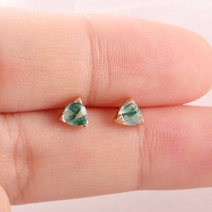 14K Solid Gold Fat Triangle Moss Agate Cartilage Piercing,Moss Agate Helix Stud,Gemstone Ends Conch Stud, Flat Back Earring,Threadless Stud