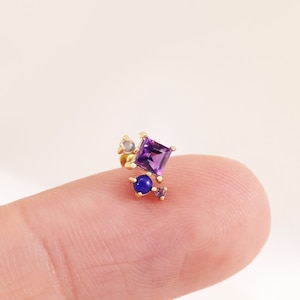 14K Solid Gold Amethyst Stud Earring, Cluster Gemstone Push Pin Stud, Lapis Lazuli with Moonstone Helix Stud, Threadless Flat Back Stud.
