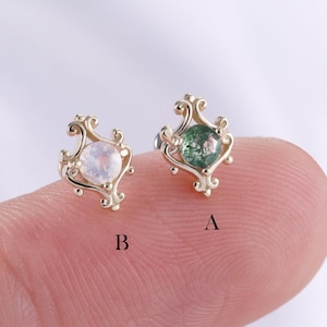14K Solid Gold Vintage Moss Agate Earring,Antique Moonstone Threadless Push Pin Stud Cartilage Stud Helix Conch Stud Classic Flat Back Stud