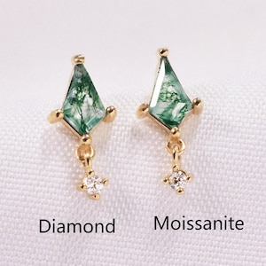 14K Solid Gold Kite Shape Moss Agate Piercing, Dangle Diamond/Moissanite Threadless Push Pin, Rhombus Helix Cartilage Conch Tragus Flat Back