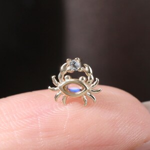 14K Solid Gold Crab Shaped Moonstone with Swiss Blue Topaz Helix Earring, Cute Crab Labret Cartilage Tragus Conch Lobe Beach Push Back Stud
