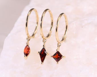 14K Solid Gold Dangle Garnet Hoop Clicker, Garnet Marquise/Square/Kite Shape Garnet Hoop, Lobe Helix Rook Ring Clicker 20G by LeiTjewelry