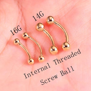 14K Solid Gold Internal Screw Curved Barbell Earring, Gold Rook Eyebrow Labret Piercing, Gold Belly Ring Naval Piercing Piercing Jewelry