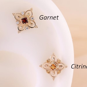 14K Solid Gold Citrine Flower Cartilage Earring, Garnet with Moissanite Floral Conch Piercing, Gemstone Threadless Helix Lobe Flat Back Stud