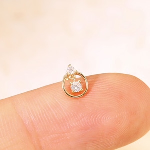 Pendiente colgante de moissanita circular de oro macizo de 14 quilates, perforación de cartílago, pendiente de caracola, pendiente de caracola sin rosca, pendiente de espalda plana, pendiente de caracola helicoidal
