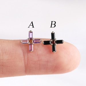 14K Solid Gold Amethyst with Fanta Threadless Pin Earring, Black Onyx with Garnet Cross Helix Flat Back Stud, Gold Cartilage Conch Piercing