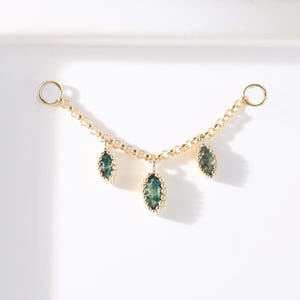 14K Solid Gold Marquise Moss Agate Dangle Nose Tragus Piercing Chain, Real Gold Mini Rook Frontal Helix Cuff Conch Earring Connector Chain