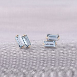 14k Solid Gold London Blue Topaz Double Baguette Stud Earring Cartilage Stud Tiny Conch Earring Helix Tragus Labret Stud Threadless Push Pin