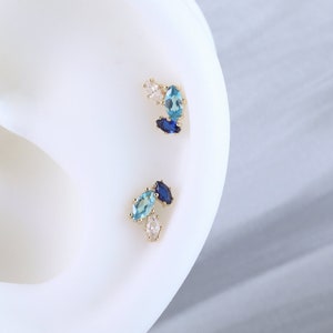 14K Solid Gold Marquise Sapphire Ear Climber Blue Topaz Cartilage Earring Helix Stud Moissanite Conch Piercing Flat Back Earring 20g