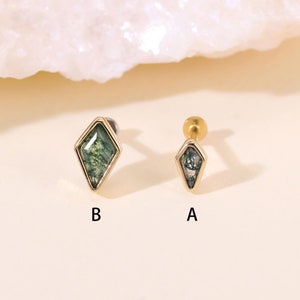 14K Solid Gold Kite Shaped Moss Agate Stud Earring, Gemstone Conch, Helix Tragus Piercing, Flat Back Earring, Threadless Push In Labret Stud