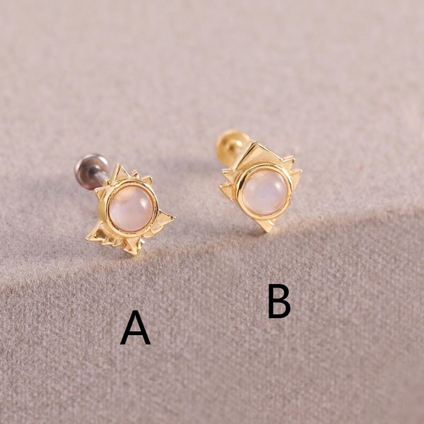 14K Solid Gold Moonstone Cartilage Earring Moonstone Helix Stud Earring Conch Piercing Flat Back Earring Threadless Push Pin