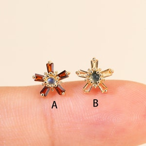14k Solid Gold Garnet with Moonstone Flower Cartilage Threadless Pin Earring, Moss Agate with Citrine Floral Conch Helix Lobe Flat Back Stud