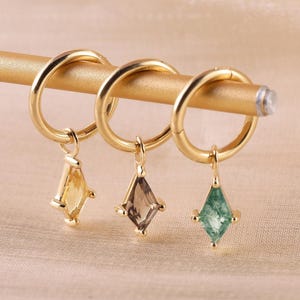 14K Solid Gold Moss Agate Kite Shape Charm, Smoky Quartz Cartilage Rook Hoop Charm Attachment, Citrine Dangle Lobe Helix Charm Earring