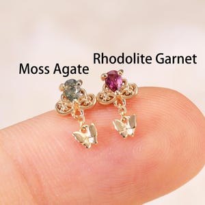 14K Solid Gold Dangle Moss Agate Flower Stud Earring, Floral Rhodolite Garnet Butterfly Stud, Gold Helix Conch Threadless Push Back Stud
