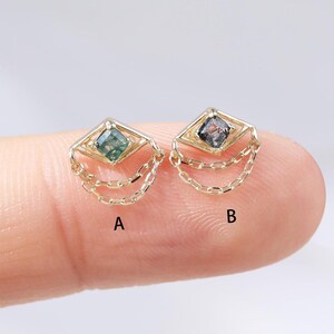 14K Solid Gold Rhombic Moss Agate Piercing, Black Rutilated Quartz with Dangle Chain Push Pin Stud, Flat Back Helix Conch Tragus Earring