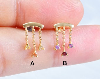 14K Solid Gold Gemstone Dangle Chain Piercing, Garnet and Amethyst Earring, Dangle Citrine Stud, Flat Back Earring, Gemstone Cartilage Stud