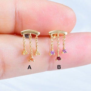14K Solid Gold Gemstone Dangle Chain Piercing, Garnet and Amethyst Earring, Dangle Citrine Stud, Flat Back Earring, Gemstone Cartilage Stud
