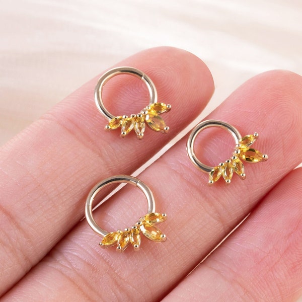 14K Solid Gold Citrine Fan Shape Hinged Clicker Ring Gold Daith Piercing Cartilage Hoop Earring Septum Nose Ring Helix Piercing 16g