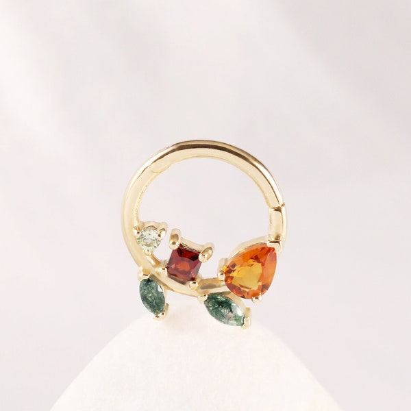 14K Gold Citrine Conch Clicker Earring, Gemstone Leaf Daith Hoop Earring Hinged Segment Ring Nose Ring Seamless Clicker Cartilage Earring