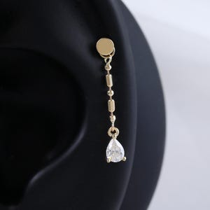14K Solid Gold Dangle Pear Moissanite Helix Charm, Dangle Long Bean Chain Hoop Huggie Charm, Diamond Cartilage Conch Rook Ring Earring Charm