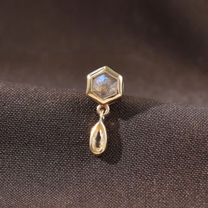 14K Solid Gold Dangle Hexagon Labradorite Push Back, 14K White Topaz Cartilage Helix Earring, Conch Earlobe Tragus Threadless Pin Piercing