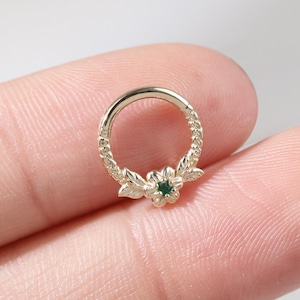 14K Solid Gold Green Chrysoprase Floral Clicker, Gold Flower Hinged Seamless Segment Ring Earring, Daith Cartilage Huggie Nose Ring Piercing