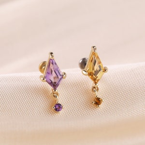 14K Solid Gold Citrine Kite Shaped Dangle Flat Back Earring,Amethyst Gemstone Cartilage Piercing Rhombus Helix Conch Tragus Stud Earring