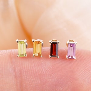 Pendiente de botón de oro macizo de 14 quilates con forma de baguette de Danity, pendiente de botón sin rosca con piedras preciosas naturales, granate, peridoto, citrino, amatista, pendiente con parte posterior plana